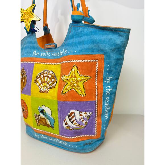 Anne Ormsby Surviving Stress Tote Washed Canvas Embroidered Shells Wood - Picture 3 of 16